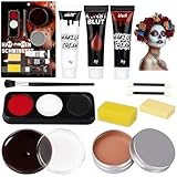 Halloween Schminke Set Erwachsene Kinder - Halloween Make Up Kinderschminke mit Kunstblut + Face Paint (Schwarz + Weiß + Rot) + Bodypainting Farben + Narbenwachs, Theaterschminke für Clown Vampir