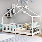 LAKFEW Bodenbett 90x200 cm Kinderbett mit Rausfallschutz, Jugendbett Holzbett mit Lattenrost, Kinderzimmer Möbel, Ohne Matratze, Weiß