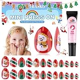 EBANKU Weihnachten 24 Stück Press-on-Nägel für Kinder, Weihnachtsbaum-Kunstnägel, kurze künstliche Fingernägel-Sets mit Nagelwerkzeugen für Mädchen