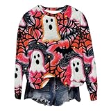 Thermo-Shirt für Damen, Winter, warme Oberteile 2025, Halloween, Hexe, Kürbis, lustiger niedlicher Druck, Rundhalsausschnitt, lässiges Langarm-Top, übergroßes Sweatshirt, Thermounterwäsche, hot pink,