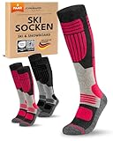 sockenkauf24 Damen Merino Skisocken 39-42 (2 Paar) Thermo Winter Kniestrümpfe mit Polsterung für Ski und Snowboard (Schwarz/Pink)