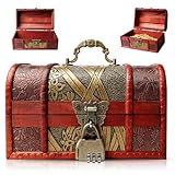 Schatztruhe Holz, große Schatzkiste Holz Vintage mit Zahlenschloss, Schatzkiste Kinder Piratenkiste, Holzkiste mit Deckel zur Aufbewahrung und Dekoration, Schatztruhe Groß 19,7 x 11,5 x 11,5 cm