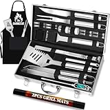 ROMANTICIST 31-teiliges Edelstahl-Grillwerkzeug-Set, robustes Grillzubehör für Männer und Frauen, rutschfestes Grillutensilien-Set mit Thermometermatten in Aluminiumkoffer für Outdoor, Camping, Silber