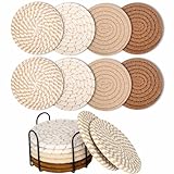 8 STK Untersetzer Gläser, Glasuntersetzer Rund für Gläser, Tassenuntersetzer mit Halter, Getränkeuntersetzer, rutschfest Tischuntersetzer Geflochtenes Baumwolle für Getränke Tassen Glas (Gelb)