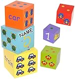 Stapelturm/Stapelwürfel - incl. Name - aus Holz - 6 Bausteine - mit verschiedenen Bildern - groß - Würfel - Pyramide Stapelspiel mit Tieren, Zahlen - Kinder..