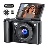 Digitalkamera 4K Kamera Fotokamera 56MP: 3 Zoll 180° Flip-Bildschirm Digital Kamera with Moduswahlrad für Vlog - Vintage Fotokamera Kinder - Geschenke für Teenager Junge Mädchen 8-16 Jahre Schwarz