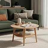 skølm Mjölnir Couchtisch rund Ø70 cm – Wohnzimmertisch aus Eiche Massivholz – Sofatisch mit 2 Ablagen – kleiner Beistelltisch Natur geölt – Holztisch Wohnzimmer mit Stauraum – Coffee Table