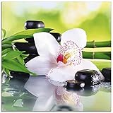 ARTland Wanddeko Glasbilder Wandbild Glas Bild einteilig Quadratisch Asien Wellness Zen Spa Blumen Blüten Orchideen Pflanze Steine Bambus T9IQ