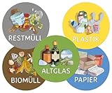 PICTALOO Mülltonnenaufkleber XL rund, 10er Set Aufkleber Mülltrennung, Mülltonen Abfalltrennung nach Biomüll, Altpapier, Plastik, Rest Müll & Glas, Mülltrennungssystem Mülleimer, Müllaufkleber
