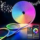 Neon Led Strip 5M RGBIC, Led Streifen Regenbogeneffekt mit APP Fernbedienung, IP65 Outdoor Wasserdichte Flexible LED Leiste, 24V LED Band Lichtschlauch Musik Sync DIY für Zimmer Raum Wand Gaming Deko
