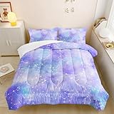 QOOMO Galaxy-Kinder-Bettwäsche-Set für Mädchen, Sternbild, Glitzer-Druck, 3-teiliges Bett in einer Tasche, Batikfärbung, niedliches Steppdecken-Set mit 1 Bettdecke und 2 Kissenbezügen