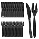 Plastikbesteck, 100 Stück Plastikbesteck Set, Wiederverwendbar Party Besteck Enthalten Plastikgabeln Plastik Messer Party Besteck Plastik für Partys Outdoor Abendessen (schwarz)