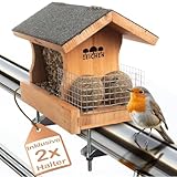Drei Eichen - Vogelfutterhaus mit 2 x Balkonhalterung und wetterfestem Holz inkl. Wasserablauf und Meisenknödelhalter | Vogelhaus Balkon | Vogelfutterspender Balkon aufhängen Vogelhaus Balkongeländer