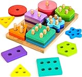 HELLOWOOD Montessori Spielzeug ab 1 2 3 Jahre, Holz Sortier- & Stapelspielzeug Steckpuzzle für 12+ Monate Baby-Jungen & Mädchen, 24pcs geometrische Baukasten, Shape Sorter Puzzles