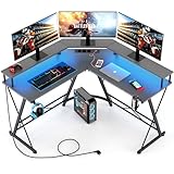 Yornoli Gaming Tisch mit LED, Eckschreibtisch mit Monitorablage, Schreibtisch L Form mit 3 Steckdosen & 2 USB Ladeanschluss, Computertisch Kohlefaser Schwarz