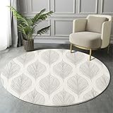 Teppich Rund Ø 100cm, Weich Flauschiger rutschfest Weiß Teppich, Waschbar Graue Blätter Linien Bedruckter Moderne Geometrie Runder Teppiche, für Wohnzimmer Schlafzimmer Kinderzimmer
