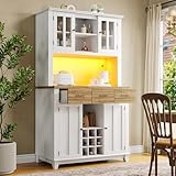 NewCosmos Küchenschrank, Hochschrank Küchenbuffet, Vitrinenschrank, Buffetschrank mit Verstellbaren Ablagen, Sideboard mit LED-Beleuchtung, Buffetschrank(Holzfarbene Schubladen)