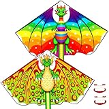Großer Dragon Drachen Kinder, Flugdrachen für Kinder und Erwachsene, Einfach zu fliegen für Anfänger, Kite mit 100m Drachenschnur, Strand Drachen für Familien-Aktivitäten und Park Spiele (2er-Pack)