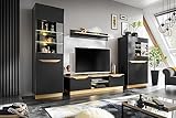 Generisch Wohnwand Fame Wohnzimmerset Wohnzimmer Wand Regal TV Wand Matt Hochglanz Vitrinenschrank Lowboard Wandregal mit LED (Schwarz Matt/Gold)