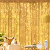 Ollny LED Lichtervorhang 2x2m, 200 LEDs Lichtervorhang innen USB warmweiß, Lichterkette innen fenster mit 10 Haken, für innen und außen Deko Weihnachten Hochzeit Party Fenster Wand Balkon