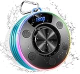 Dyurwa Wasserdichter Bluetooth Duschlautsprecher mit Zeitanzeige, IPX7 Waterproof Shower Speaker, Starker Bass, Saugnapf & Hakenclip, Freisprecheinrichtung, Musikbox für Badezimmer, Strand