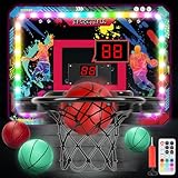 Cheffery Bewegliches Basketballkorb Indoor, Mini Basketballkorb fürs Zimmer Tür mit Fernbedienungen, Leuchtend Bällen, Anzeigetafel, 10 Farben Lichter, Basketballbrett Kinder für Jungen Mädchen