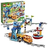 LEGO 10875 DUPLO Güterzug, „Push & Go“-Lok mit Lichtern und Geräuschen, Funktionssteinen und 2 Kranen, Geschenkidee für Kinder ab 2 Jahren