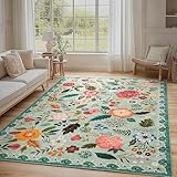 Puremy Waschbarer Wohnzimmerteppich, Vintage Blumenmuster Niedriger Flor Teppich, rutschfest, Weiche, Groß Teppiche für Wohnzimmer Schlafzimmer Bauernhaus Esszimmer und Kinderzimer, 140x200cm, Grün