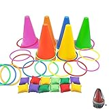36 Stück Ringwurfspiel 3 in 1 Kinder Karnevalskombinations Wurfspiel mit Sitzsäcken Kunststoffreifen Kegelmarkern und Tragetasche Sackhüpfen