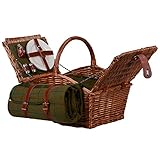UNUS Picknick Set 2 Personen mit Picknickkorb mit integrierter Kühltasche, Picknickdecke 135x115 cm, Besteck und Geschirr, Korb in Natur, Decke in Grün