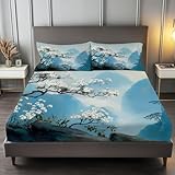 160 x 200 cm Spannbettlaken Hellblau, Bergblumen Im Chinesischen Stil Polyester Bettlaken 30cm Extra Tiefe Taschenlaken Spannbetttuch Mikrofaser Weich und atmungsaktiv für Matratzen von 30cm