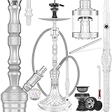 DILAW® SKITTO Shisha Set Hookah Aluminium Alu 75cm Wasserpfeife Kaminkopf Komplettset Molassefänger Silikonschlauch Alu Glas-Mundstück Kaminaufsatz 18/8 schliff Edelstahl Tauchrohr, Silber