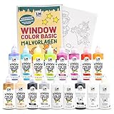 LM Window Color Set (17 x 80 ml Set Basic inkl. Konturfarbe & Malvorlagen) - Abziehbare Fenstermalfarbe/Stickerfarbe auf Wasserbasis für Glatte Oberflächen wie Glas, Spiegel Fliesen
