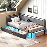 HOOBRO Schlafsofa 90 x 200 cm mit 2 Schubladen, Lattenrost, Bettgestell, Polsterbett mit Ladestation und LED-Beleuchtung, Polsterbett, Einzelbett, für Schlafzimmer, Grau und Schwarz EBG81CDBF01