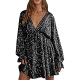Eauptffy Pailletten Kleider Damen Lockeres - Partykleid Hochzeit Glitzer Minikleid Mode Langarm Paillettenkleid Kurz Glitzerkleid V-Ausschnitt Cocktailkleid Elegant Cocktail Club Party Freizeitkleid