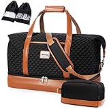 Lekespring Reisetasche Weekender Damen Groß mit Nassfach Schuhfach, 50L Doppellagige Reisetasche Handgepäck Kliniktasche mit Kulturbeutel und 2 Schuhsäcken, Schwarz