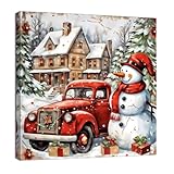 ZQQART Weihnachts Leinwandbild Winter Schneemann Bild verschneite rote LKW Gemälde Winterszene Poster Kunst Bauernhaus Dekor gerahmt(Rot,45x45cm)