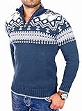 Reslad Herren Strickpullover Crewneck Zipper Norweger Pullover RS-3110 Blau M
