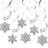 Trimming Shop 90 Stück Weihnachts-Schneeflocken-Wirbel hängende Ausschnitt-Dekorationen, silberfarbene und weiße Schneeflocken Ornamente & silberne Spiral-Deckenschlangen für Weihnachtsmann-Party,
