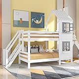 Aoskem Kinderbett Etagenbett 90x200 für 2 Kinder, Hausbett Hochbett mit Handlauf Leiter und Fenster, Holzbett Bettgestell mit Rausfallschutz und Lattenrost, Rahmen aus Holz, Ohne Matratze (Weiß)