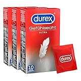 Durex Gefühlsecht Ultra Kondome – 20 % dünnere Spitze, mit Silikongleitgel befeuchtet, transparent, angenehmer Geruch – 10 Stück (3er Pack)