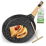 Nutrichef Crepe Pfanne 28 cm Schwarz – Antihaft & Marmorbeschichtet Mit Holzspatel, Induktionsgeeignet & spülmaschinenfest Für Crêpes, Dosas & Pfannkuchen