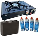 SENA Camping Gaskocher mit 4 Gaskartuschen Campingkocher 1-flammig max. Leistung 2,5 KW