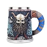 Valhalla Wikinger-Edelstahl-Einhand-Horn-Schädel-Bierkrug, nordischer Wikinger-Krieger-Schädel-Becher Krug 17 OZ, Halloween-Bar-Trinkgeschirr, Herrengeschenk