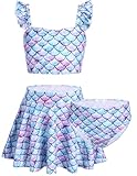Arshiner Meerjungfrau Bikini Mädchen Tankini Set 3er Kinder Blau Bustier Bikinislip mit Rock Badeanzug Rüschen Bademode 160/11-12 Jahre