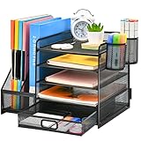 Marbrasse Schreibtisch Organizer mit Aktenhalter,5 Ebenen Briefablage Ablagefächer mit Schublade,2 Stifte Halter, Netz Schreibtisch Ablage Zeitschriftenhalter für Büro Bedarf Dokumentenablage(Schwarz)