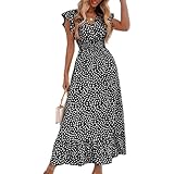 BSLVWG Damen Maxi Kleid Rüschen Blütenblatt Kurzarm V-Ausschnitt Floral Flowy Sommer Strand Urlaub Sundress Casual Langes Kleid (DE/NL/SE/PL, Alphanumerisch, XL, Große Größen, Regular, Schwarz)