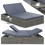 Casaria® Sonnenliege 2 Personen mit Klapptisch 7cm Auflagen Wetterfest Gartenliege 400kg Belastbar Gartenmöbel Liegestuhl Verstellbar Grau Anthrazit 200x115cm