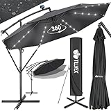 tillvex Alu Ampelschirm LED Solar Ø 300 cm mit Kurbel + Abdeckung | Sonnenschirm mit An-/Ausschalter & Windschutz | Gartenschirm UV-Schutz Aluminium | Kurbelschirm mit Ständer Marktschirm wasserdicht