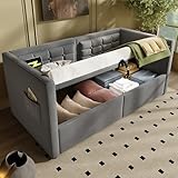 Gxffipw Schlafsofa Tagesbett 90x200 cm mit Aufbewahrungstasche und USB-Typ-C, Hydraulisches Bett mit Stauraum, Einzelbett Sofabett Bettgestell mit Lattenrost, Samt, Grau, Ohne Matratze